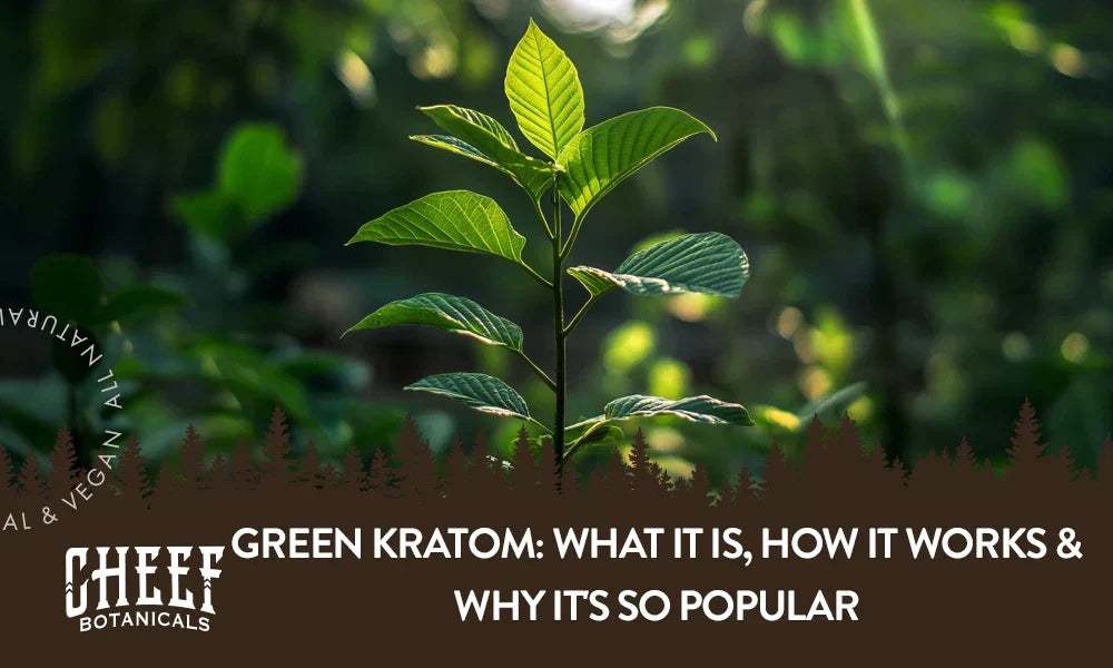 A Kratom plant growing naturally outside with the title "Green Kratom".