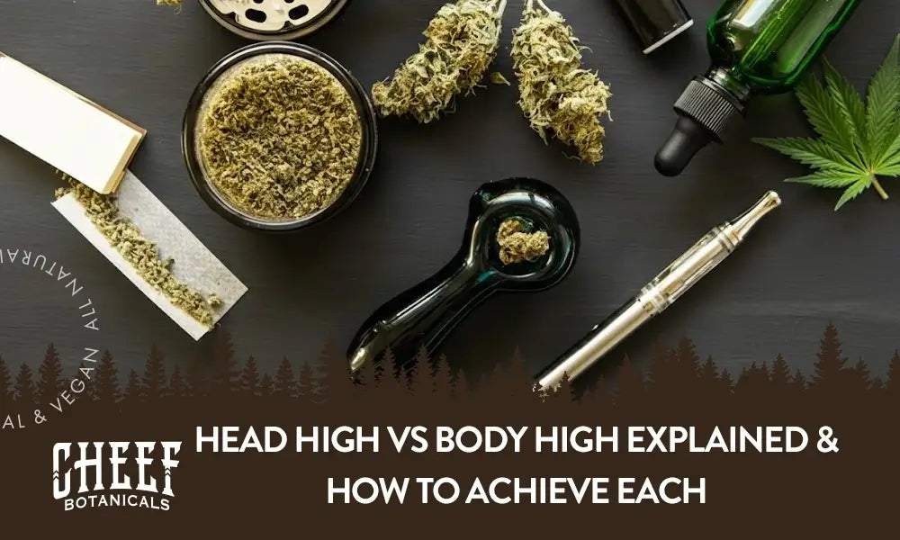 head high vs body high (featured blog image by Cheef Botanicals) shows a bunch of different cannabis smoking devices on a table