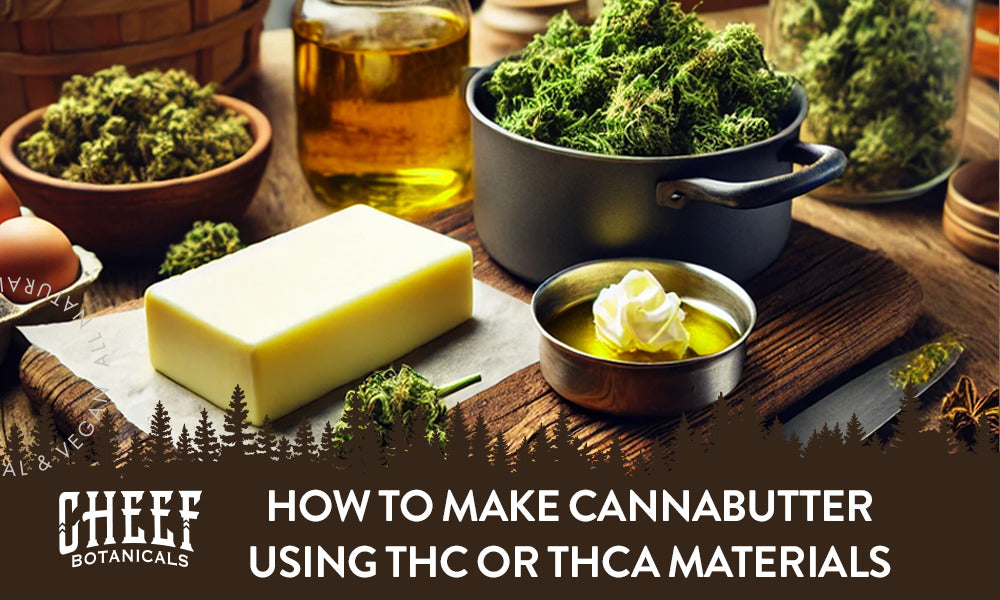 How to Make Cannabutter featured blog image by Cheef Botanicals. Shows butter, thca fower, and other prep materials for making cannabutter.