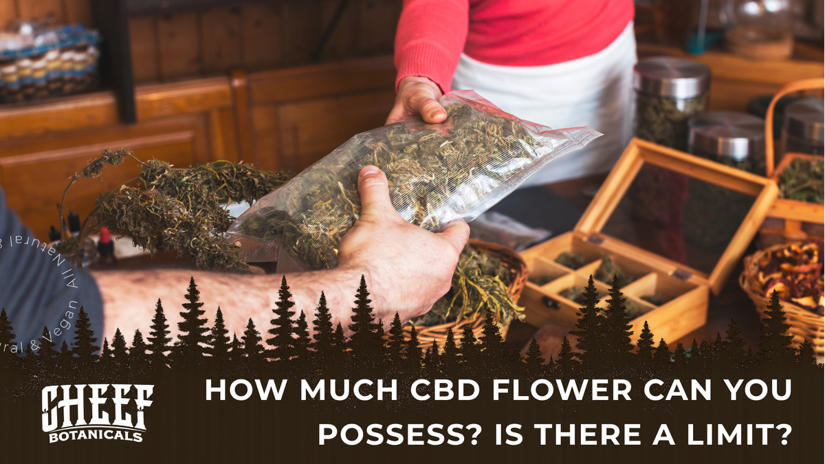 How Much CBD Flower Can You Possess (featured blog image by Cheef Botanicals) shows a person buying CBD flower in bulk