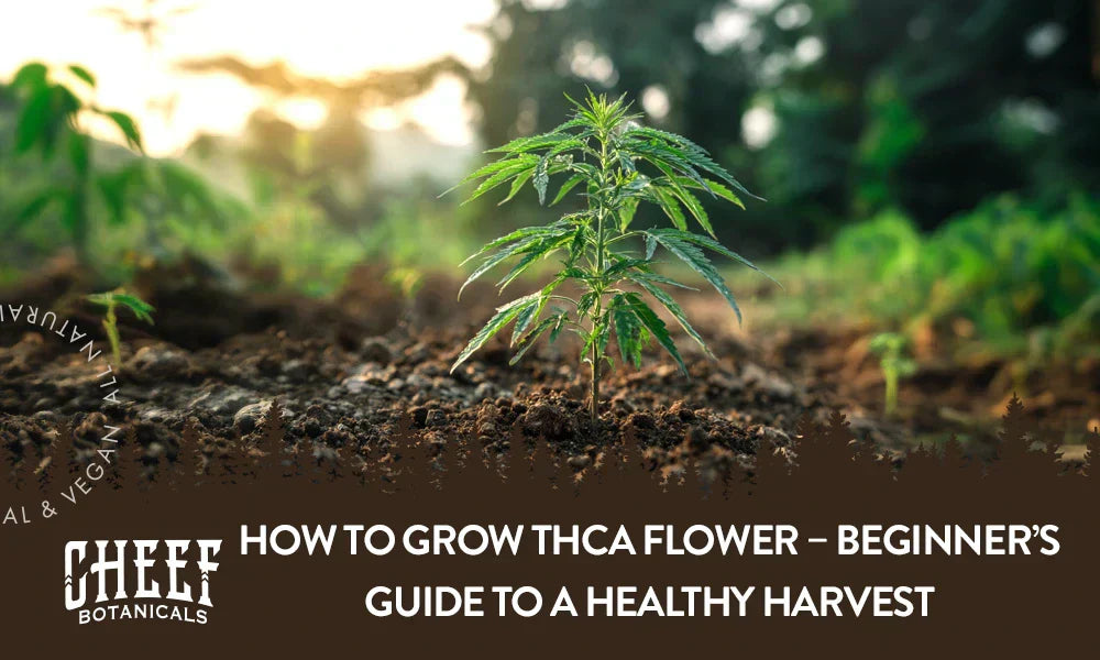 A THCa plant growing outside with the title "How to grow THCa flower".