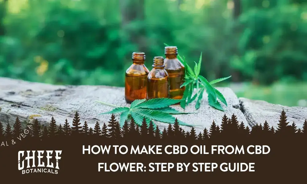 How to Make CBD Oil from CBD Flower (featured blog image by Cheef Botanicals) shows CBD oil bottles beside cannabis leaves outdoors