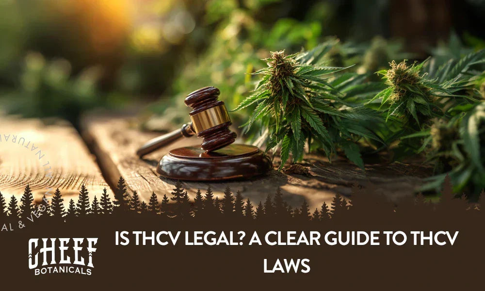 A couple clippings from a cannabis plant and a judge's gavel with the title "Is THCV legal". Featured blog image by Cheef Botanicals.