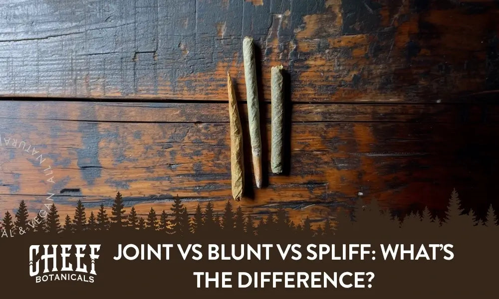 Featured blog image by Cheef Botanicals showing three rolled cannabis products on a wooden table with the text “Joint vs Blunt vs Spliff: What’s the Difference?” highlighting joint vs blunt vs spliff.