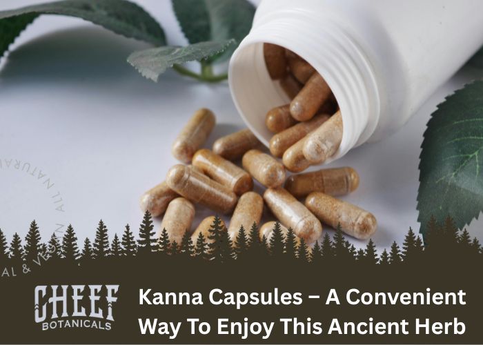  Kanna Capsules  Featured blog Image by Cheefbotanicals. Shows a generic bottle of kanna capsules with capsules spread on a table.
