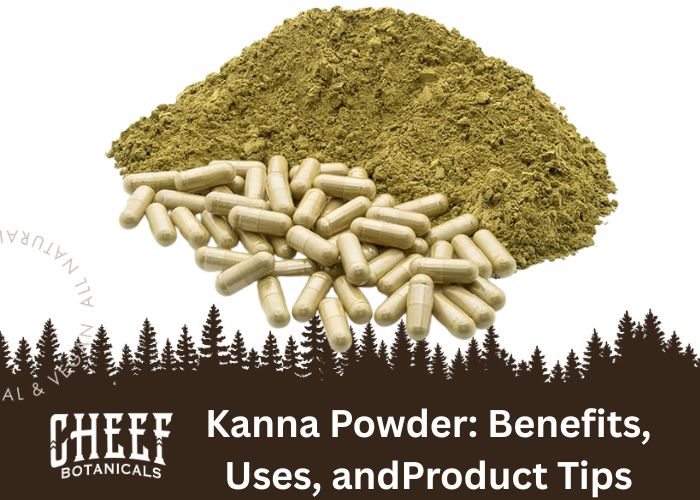 Kanna Powder Featured blog Image by Cheef Botanicals. Shows kanna powder and capsules