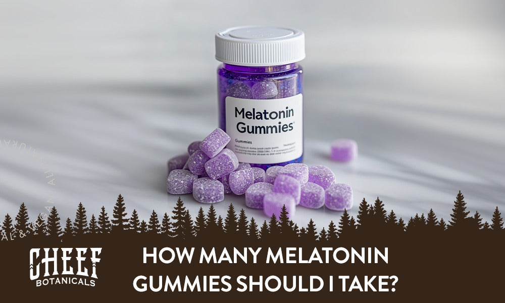 how many melatonin gummies should I take (featured blog image by Cheef Botanicals) shows a bottle of melatonin gummies