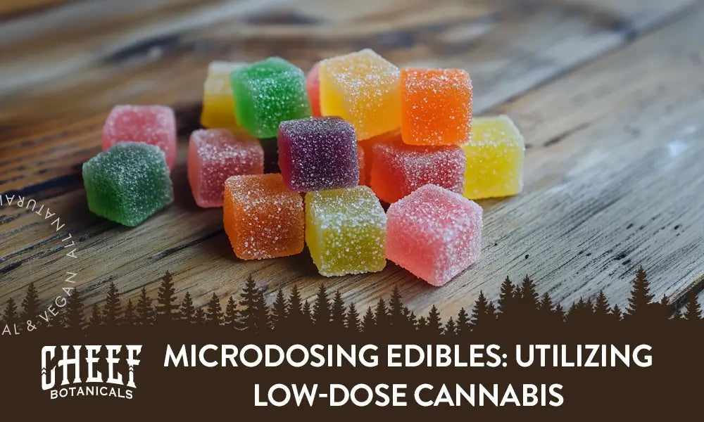 Featured blog image by Cheef Botanicals showing colorful sugar-coated gummies with the text “Microdosing Edibles: Utilizing Low-Dose Cannabis,” highlighting microdosing edibles.