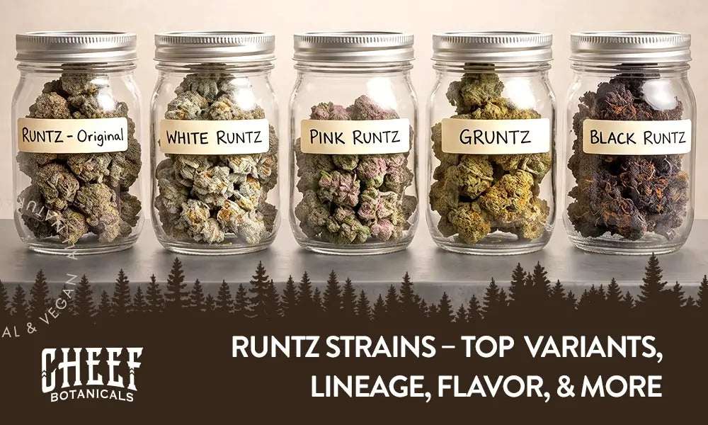 Runtz Strains featured blog image by Cheef Botanicals. Shows 5 mason jars each with different Runtz buds (different strains in each jar) 