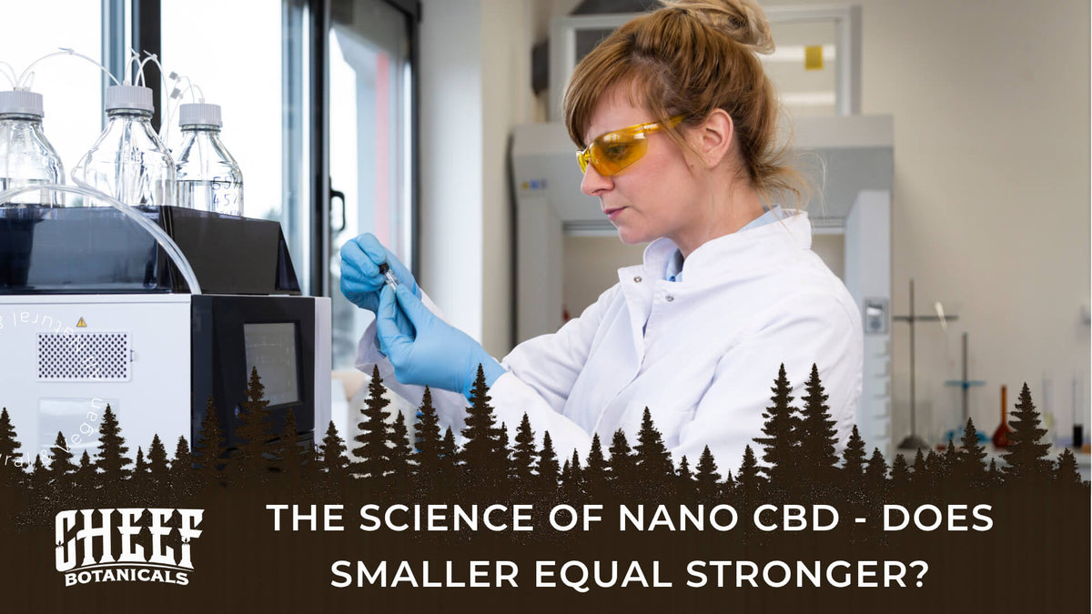 Science of Nano CBD (featured blog image by Cheef Botanicals) shows a scientist examining nano-CBD oil