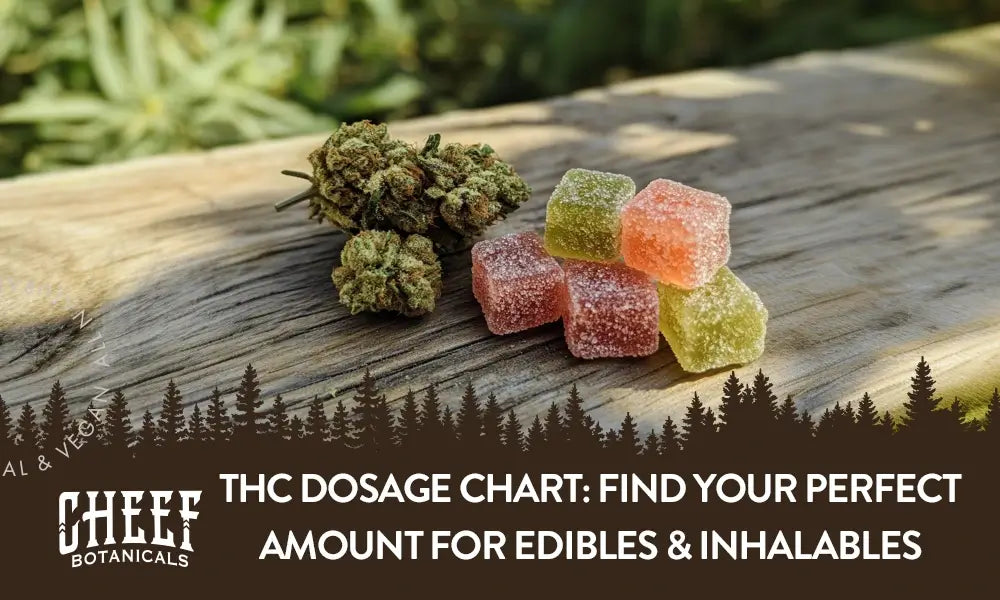 A couple of cannabis buds sitting on a wooden table and a couple cannabis gummies next to them.