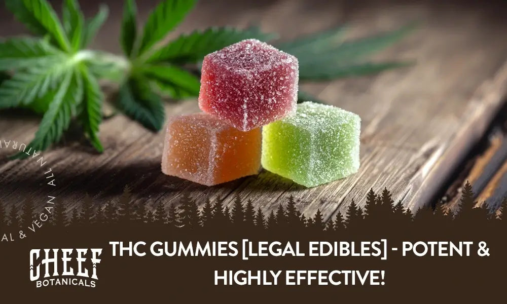 THC Gummies Legal Edibles featured blog image by Cheef Botanicals. A couple of square THC gummies sitting on a wooden table.