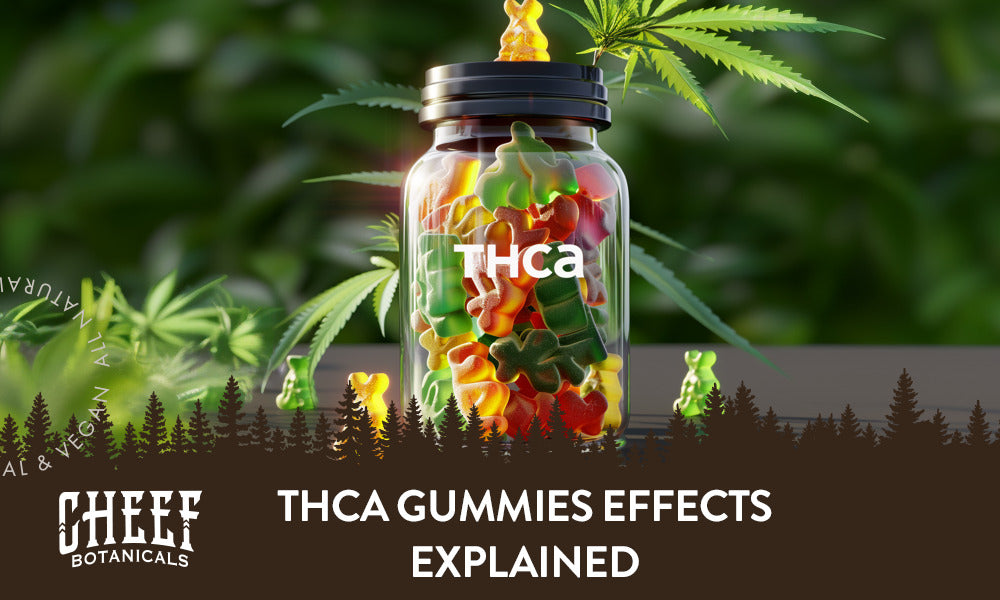 THCa Gummies effects featured blog image by Cheef Botanicals. Shows an illustrated image of colorful THCa Gummies in a clear jar 