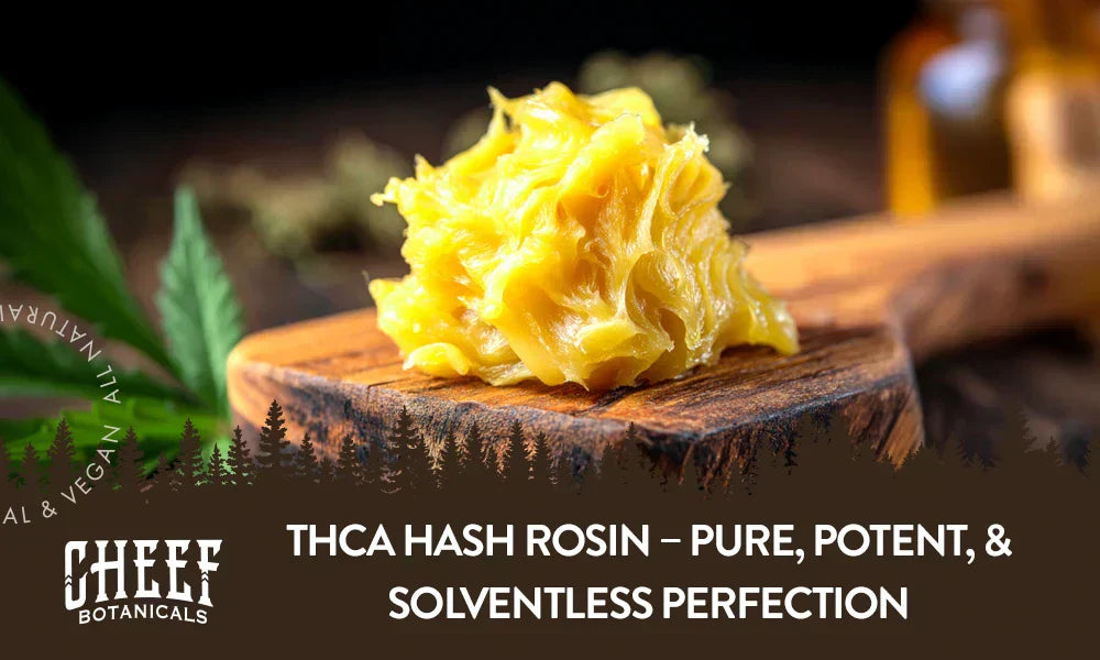 THCa hash rosin placed on a wooden tray that is on a table.