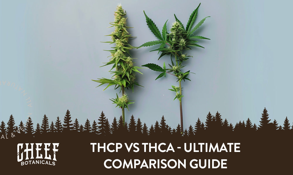 THCP vs THCA (featured blog image by Cheef Botanicals) shows two different fresh cannabis buds on stems side by side