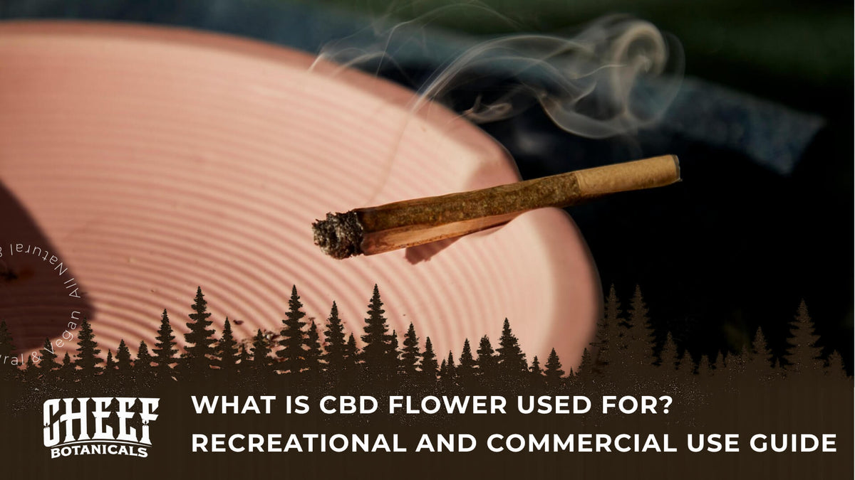 What Is CBD Flower Used For (featured blog image by Cheef Botanicals) shows a lit CBD joint on an ashtray
