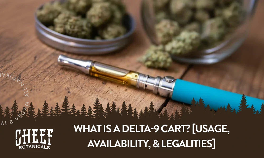 A delta 9 cannabis pen lying on a wooden table with some cannabis buds next to it with the title "What is a Delta 9 cart". 