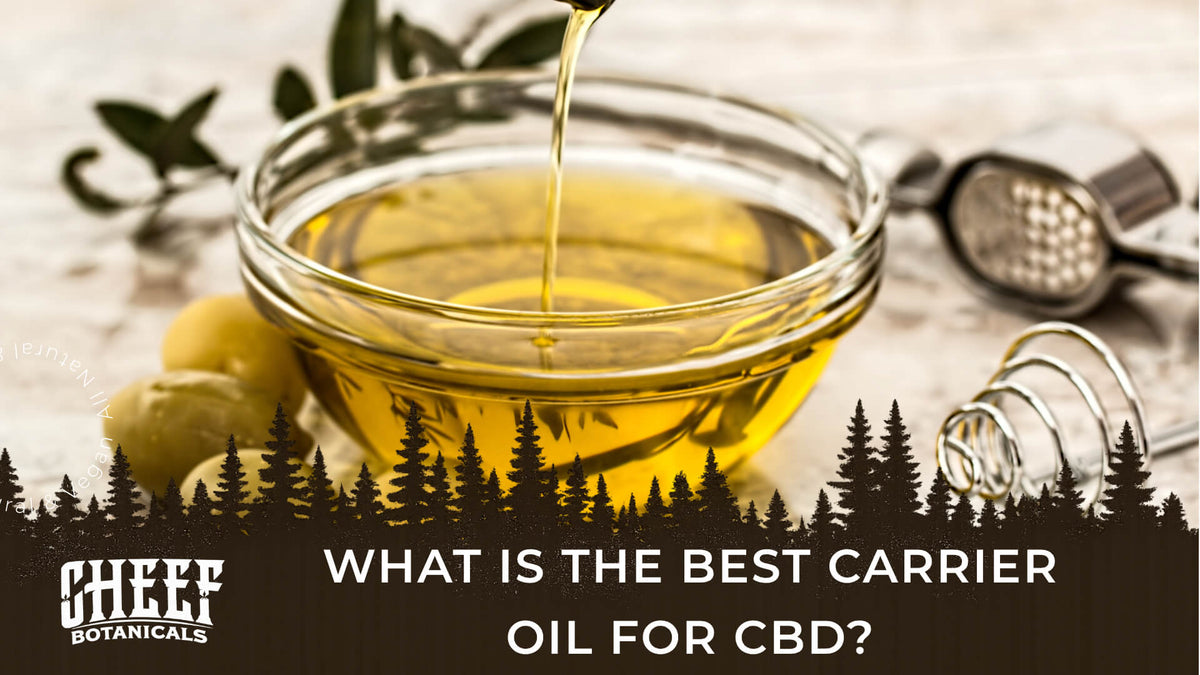 What is the Best Carrier Oil for CBD (featured blog image by Cheef Botanicals) shows CBD oil pouring into a glass bowl