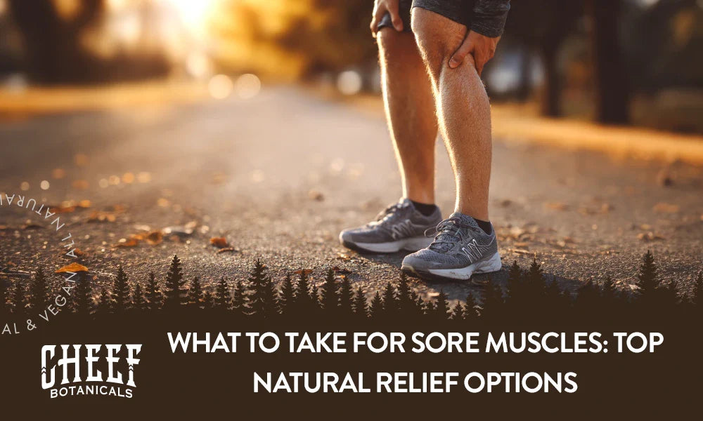 A man rubbing his sore calf with the title "What to take for sore muscles".