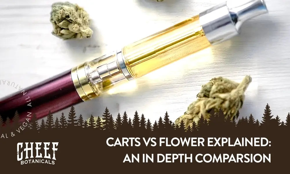 Carts vs Flower (featured blog image by Cheef Botanicals) shows a full vape cart and cannabis nugs on a white surface