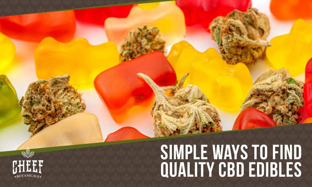 Featured blog image by Cheef Botanicals showing colorful gummies and cannabis buds with the text “Simple Ways to Find Quality CBD Edibles,” highlighting quality CBD Edibles Near Me.