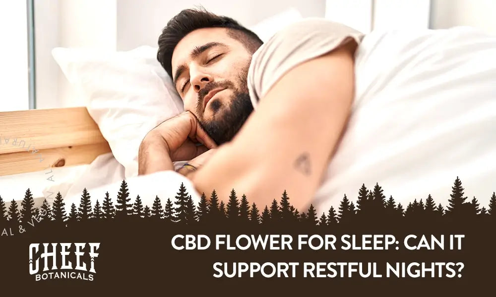 CBD Flower for Sleep (featured blog image by Cheef Botanicals) shows a man sleeping peacefully