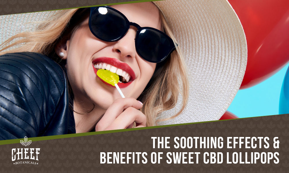 cbd lollipops (featured blog image by Cheef Botanicals) shows a woman enjoying a yellow CBD lollipop