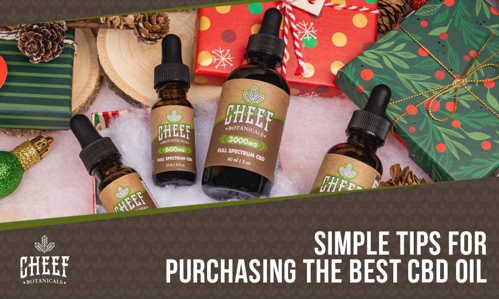 Featured blog image by Cheef Botanicals showing CBD oil tincture bottles with holiday gift boxes and the text “Simple Tips for Purchasing the Best CBD Oil,” highlighting best CBD oil.