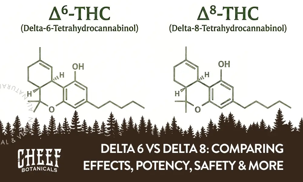 Delta-6 vs Delta-8 (featured blog image by Cheef Botanicals) shows a side by side comparison of both molecules.  