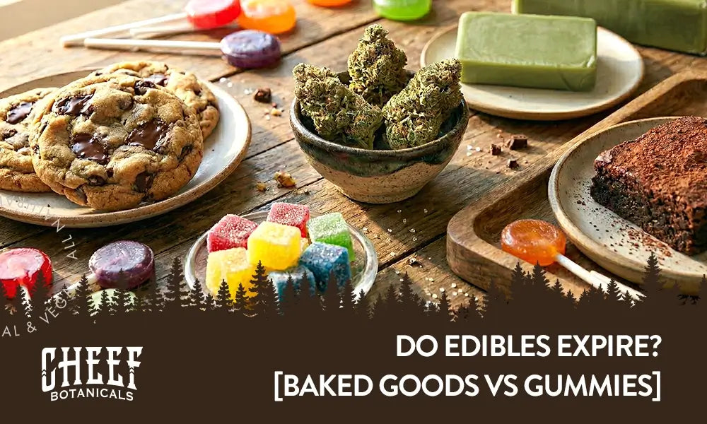Do Edibles Expire featured blog image by Cheef Botanicals. Shows cannabis buds, chocolate chip cookies, gummy cubesm suckers, brownie, and cannabutter.