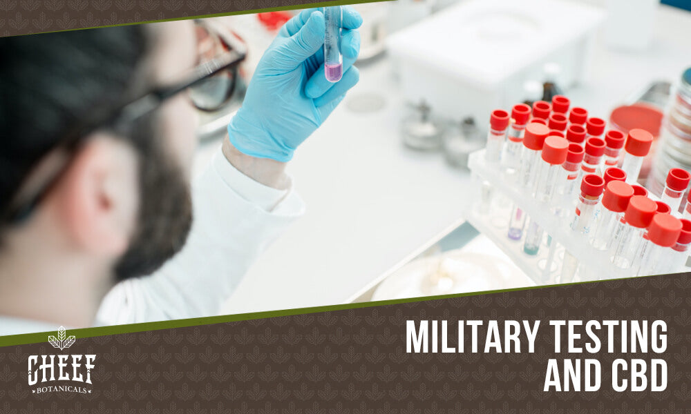 Does the Military Test for CBD featured clog image by Cheef Botanicals. Shows a person with drug test vials.