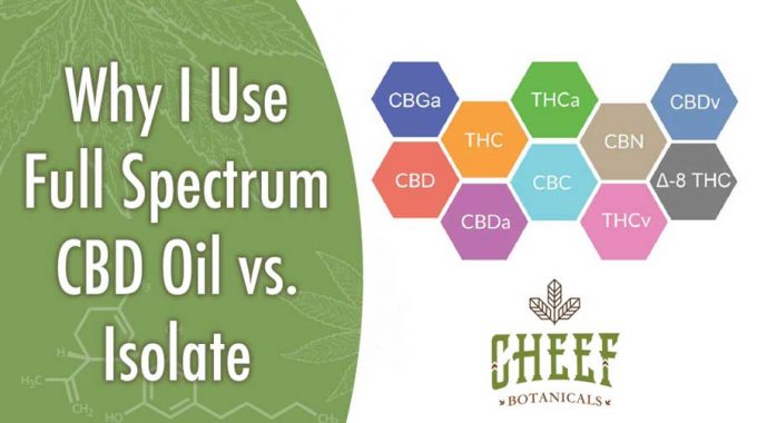 Featured blog image by Cheef Botanicals showing cannabinoid labels with the text “Why I Use Full Spectrum CBD Oil vs. Isolate,” highlighting full-spectrum CBD oil vs isolate.