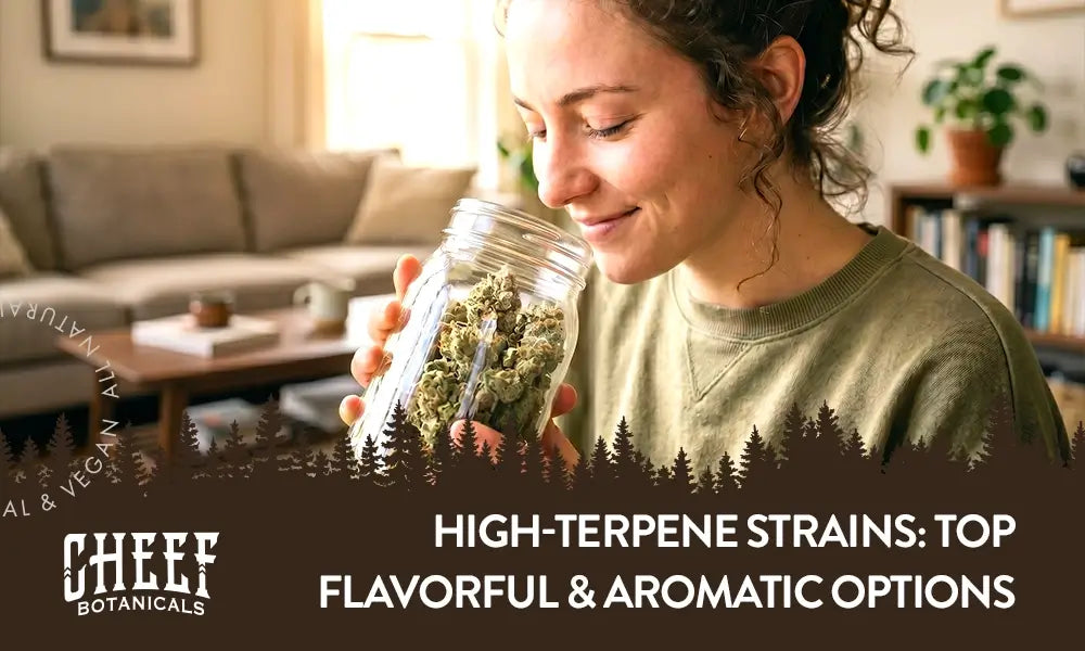 High Terpene Strains (featured blog image by Cheef Botanicals) shows a woman with a smile on her face smelling an open  mason jar full of high quality cannabis flower.