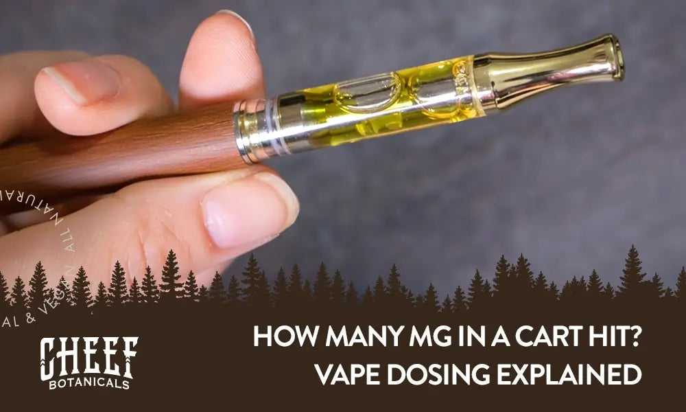 How many mg in a cart hit featured blog image by Cheef Botanicals. Shows a hand held cannabis vape pen with a full cartridge.
