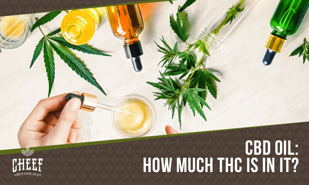 Featured blog image by Cheef Botanicals showing CBD oil bottles, droppers, and cannabis leaves with the text “CBD Oil: How Much THC Is In It?” highlighting CBD oil and THC content.