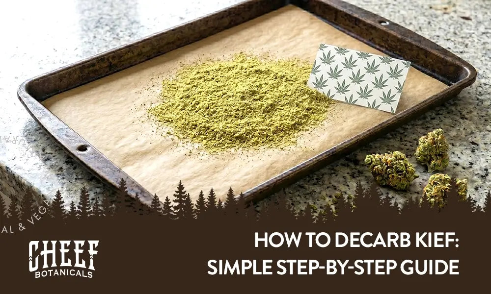 How to Decarb Kief featured blog image by Cheef Botanicals, shows a small pile of kief evenly spread on parchment paper on an oven rack with a cannabis leaf business card and buds nearby.