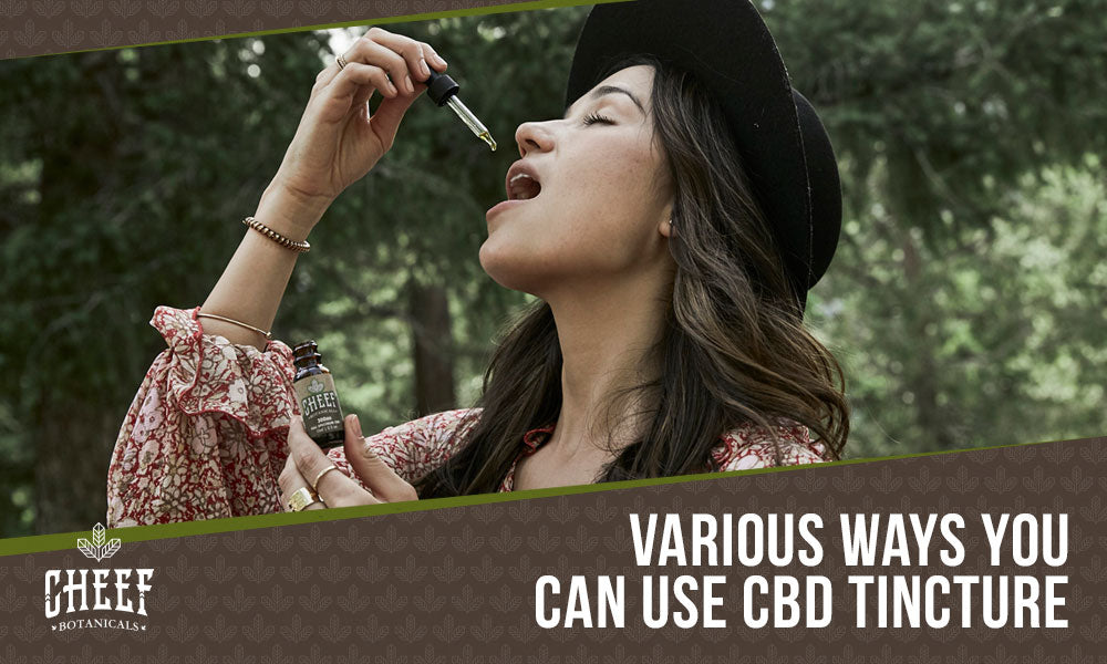 How To Use CBD Tincture featured blog image by Cheef Botanicals. Shows a woman dropping CBD oil from a tincture dropper into her mouth.