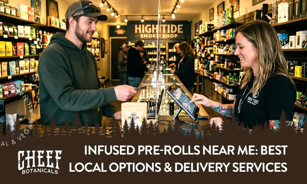 Infused Pre-Rolls Near Me (featured blog image by cheef Botanicals) shows a mun purchasing infused rolls from a smoke shop.