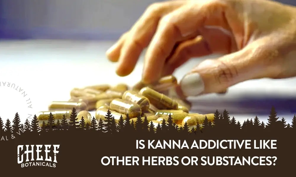 Kanna Addictive Featured blog Image by Cheef Botanicals. Shows a persons hand grabbing at a pile of kanna capsules with the title "Is kanna addictive".