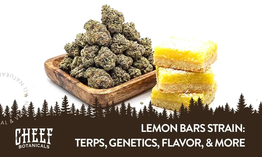 Lemon Bars Strain (featured blog image by Cheef Botanicals), shows a tray of buds of the strain next to 3 stacked lemon bars snacks.