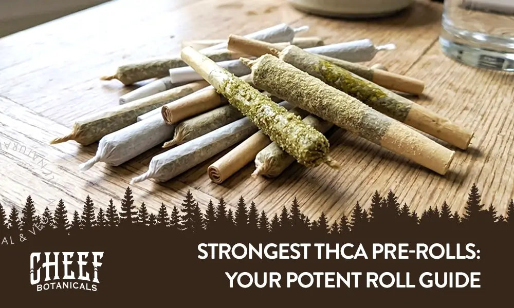 Strongest THCa Pre Rolls (featured blog image by Cheef Botanicals) shows a small pile of pre rolls (regular and infused)