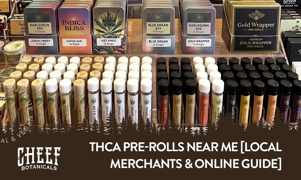 THCa Pre Rolls Near Me featured blog image by Cheef Botanicals. Show a display of pre rolls inside of a smoke shop.