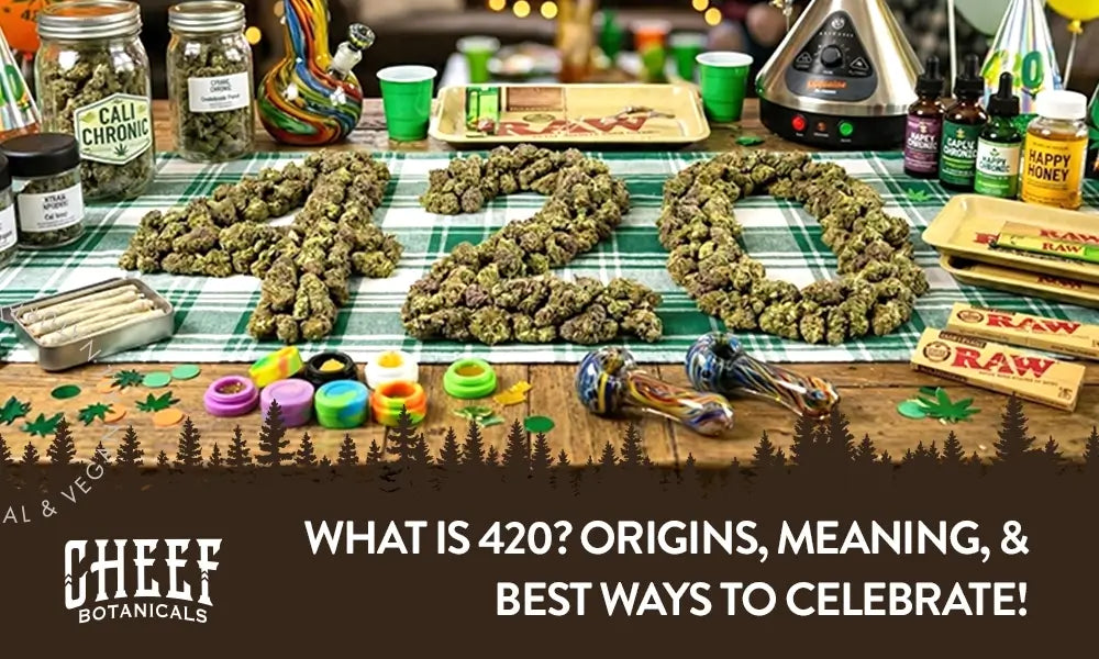 What Is 420 featured blog image by Cheef Botanicals. Shows 420 spelled out in cannabis buds on top of a table with all types of cannabis paraphernalia surrounding the 420. 